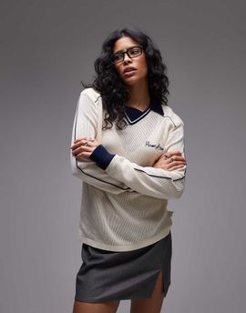 House of Sunny House of Sunny keepers open knit rugby top in white and navy
