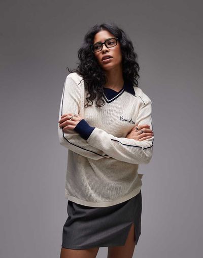 House of Sunny House of Sunny keepers open knit rugby top in white and navy
