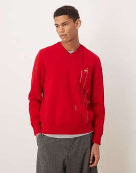 House of Sunny House of Sunny more spaghetti jacquard knit v neck sweater in red-White