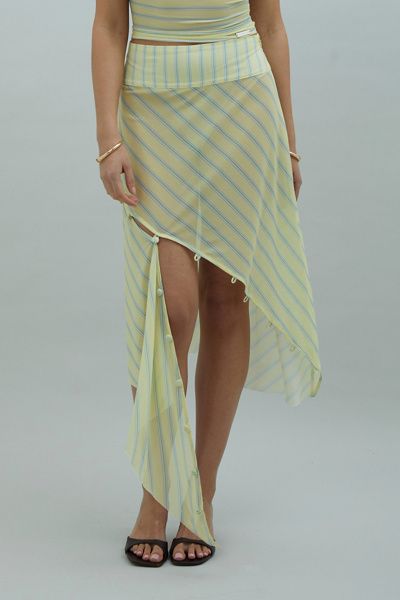 House Of Sunny House Of Sunny Striped Sheer Mesh Asymmetric Midi Skirt in Light Yellow, Women's at Urban Outfitters