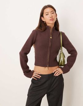 House of Sunny House of Sunny zip up sweater in rosewood brown