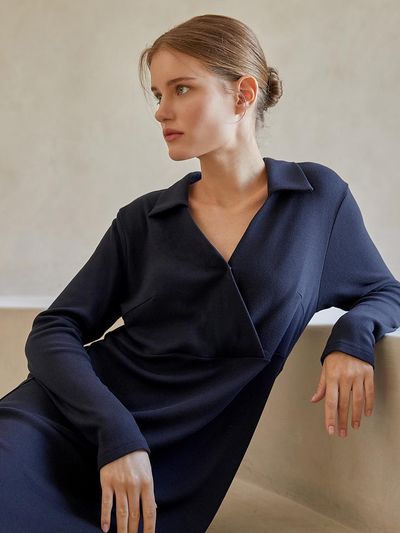 HUBBISH Cozy Wrap Shirt Dress [Dark Navy]