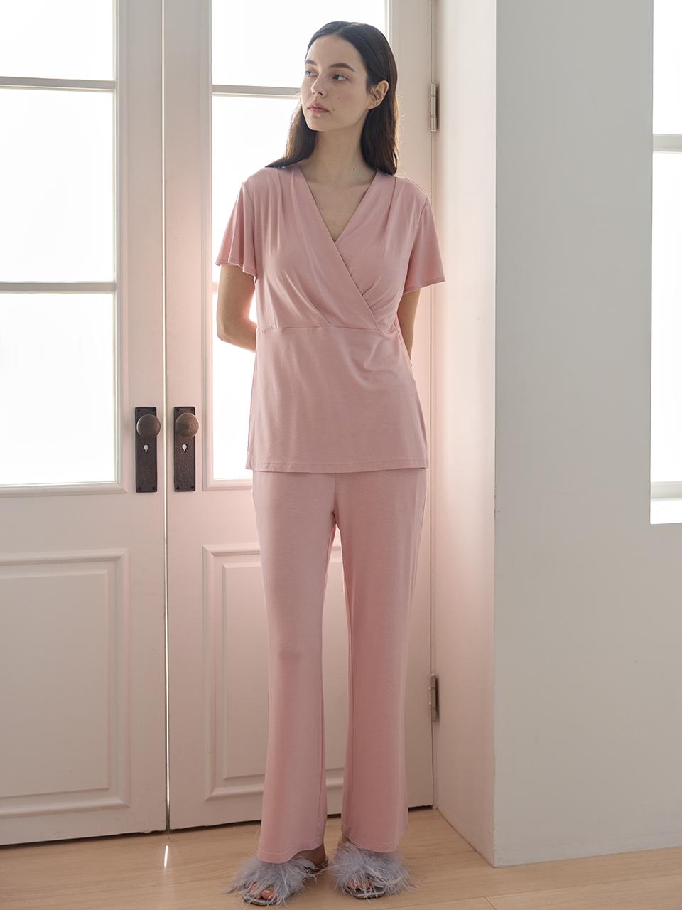 HUBBISH Empire Wrap Sleepwear Set [Blush Pink]