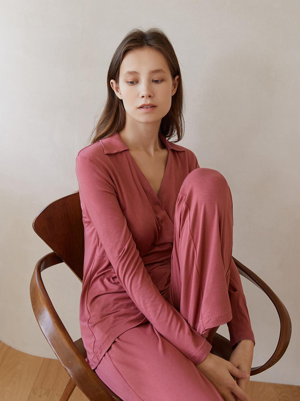 HUBBISH Wrap Shirt Set [Rose Pink]