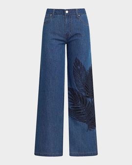 Hudson Rylee Embroidered Palm Wide-Leg Jeans
