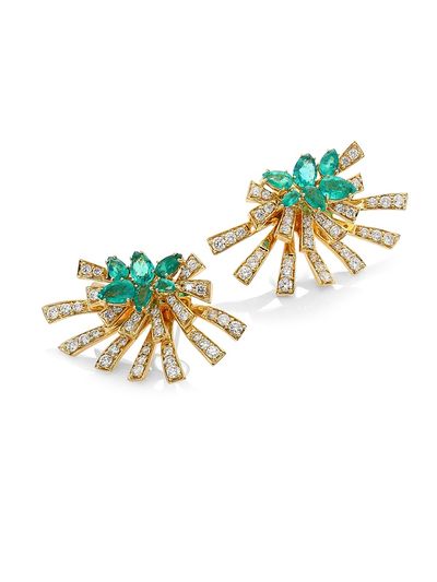 Hueb Women's Mirage Diamond & Green Emerald Stud & Ear Jacket Set