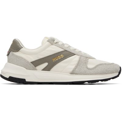 Hugo Hugo Off-White & Gray Logo Detail Suede-Trim Sneakers