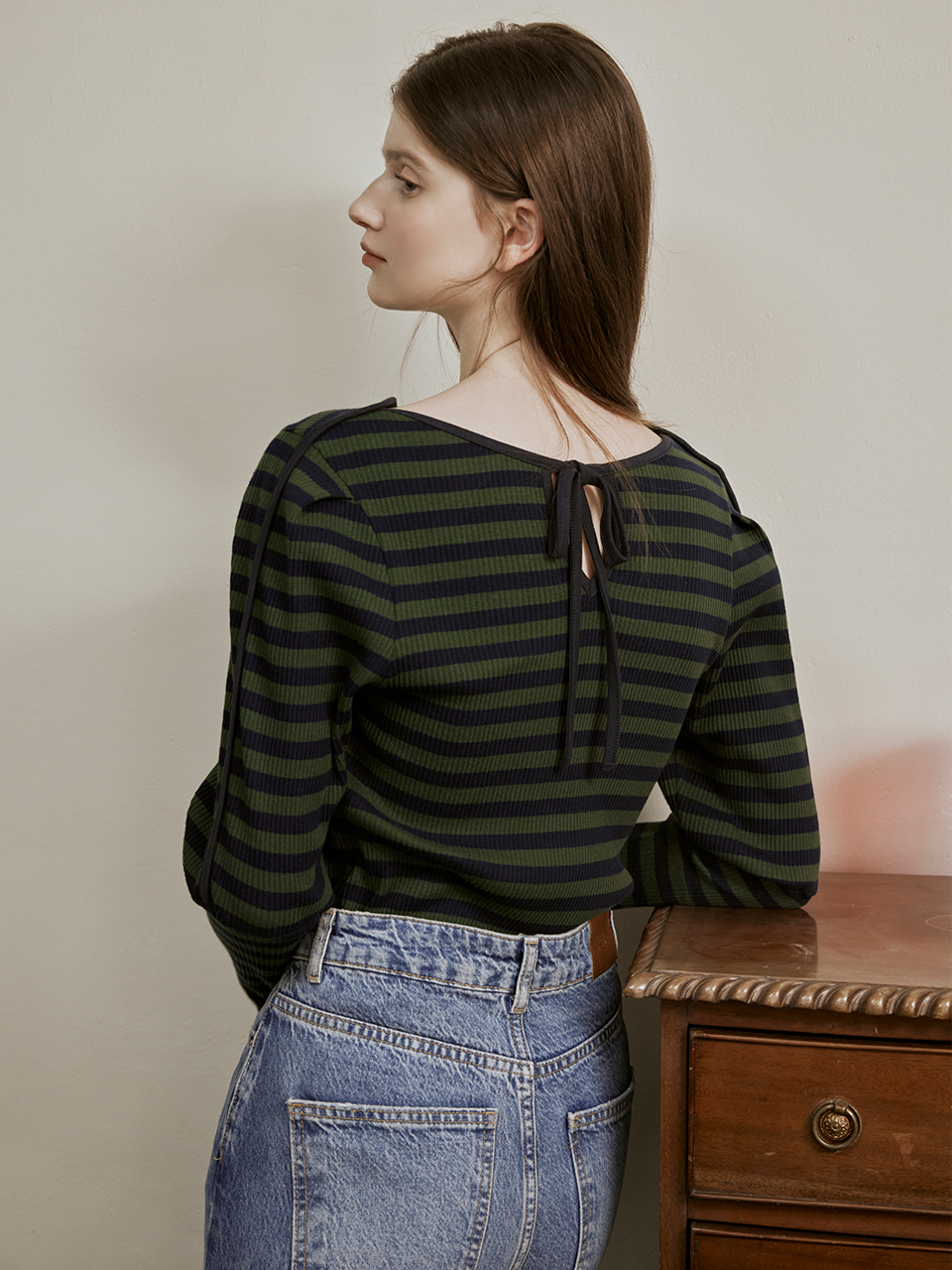 HUNCH Stripe Pintuck Sleeve Jersey Top