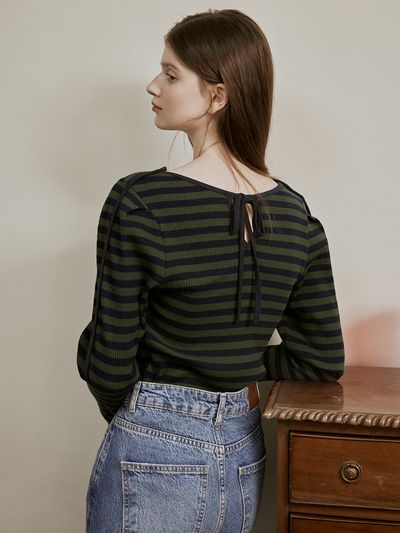 HUNCH Stripe Pintuck Sleeve Jersey Top