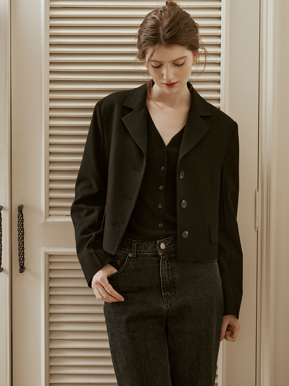 HUNCH Wool Blend Notched Cropped Blazer
