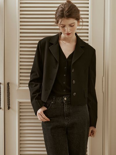 HUNCH Wool Blend Notched Cropped Blazer
