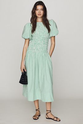 Hunter Bell Scarlet Smocked Puff-Sleeve Midi Dress