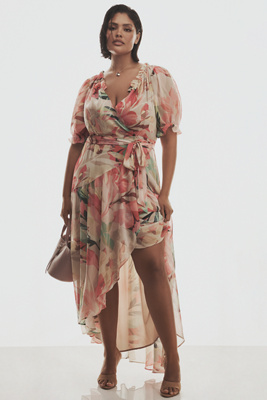 knee length dresses for ladies CurveWow Petite Wrap Midi Dress Multi Abstract  Curvewow