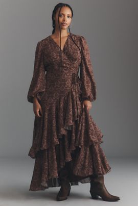 Hutch Helen Long-Sleeve Ruffled Wrap Maxi Dress