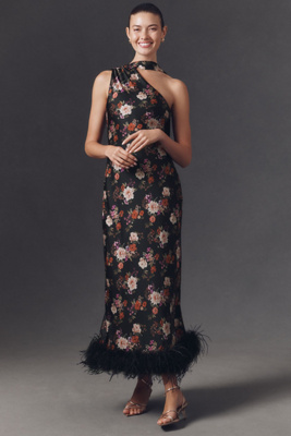 feather trim one shoulder dress One Shoulder Dress With Feathers Guinevere Feather-Trim Dress Confte