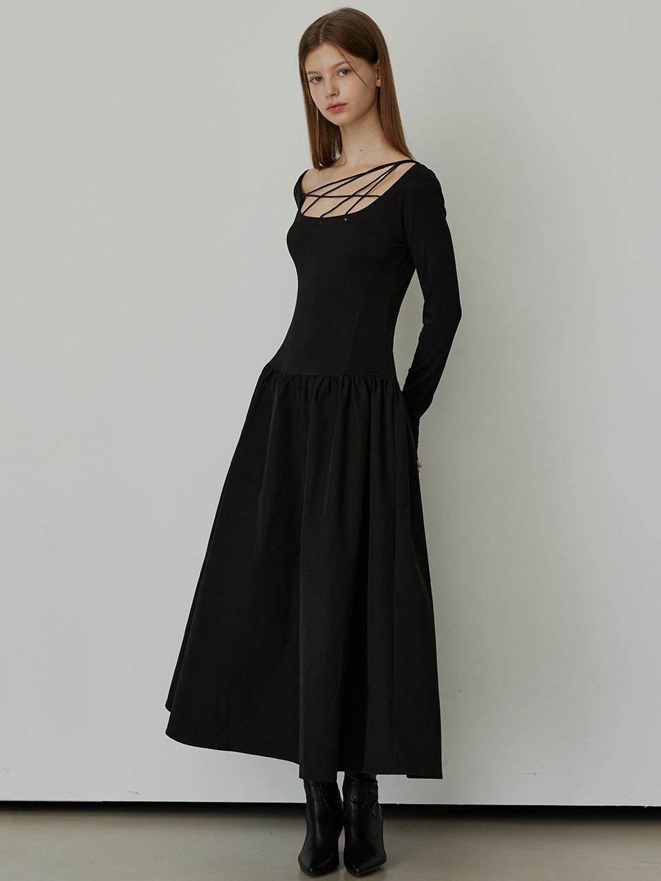 HYBERNAT String Waist Stitch Long Dress - BLACK
