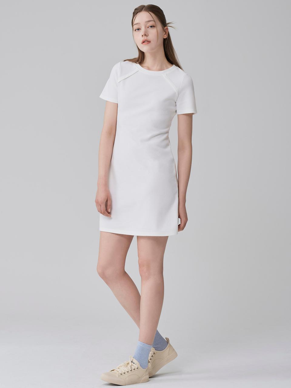 HYEYEONG KIM A-Line Short Sleeved Cotton-Polyester Dress [Beige]