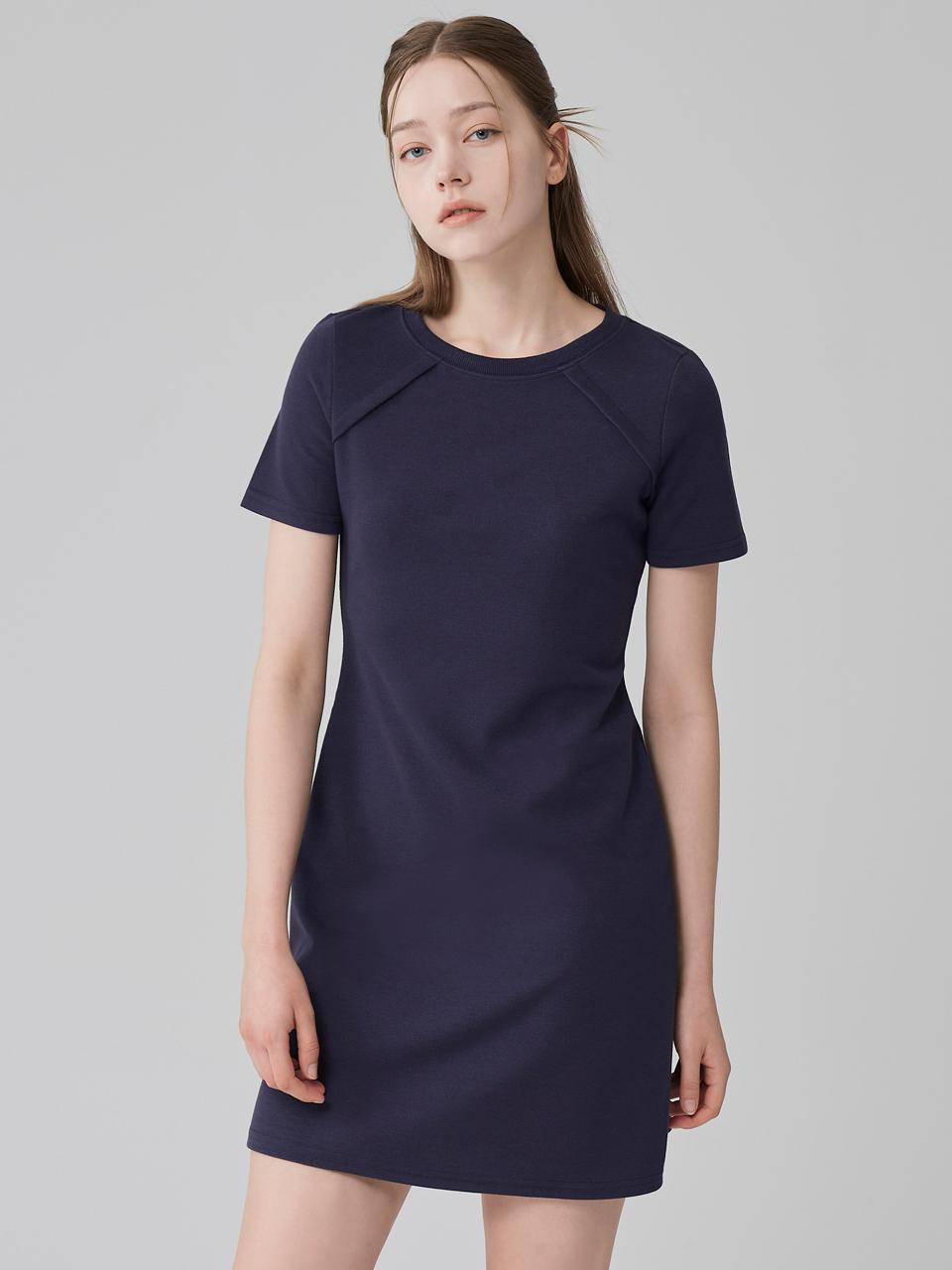 HYEYEONG KIM A-Line Short Sleeved Cotton Blend Dress [Navy]