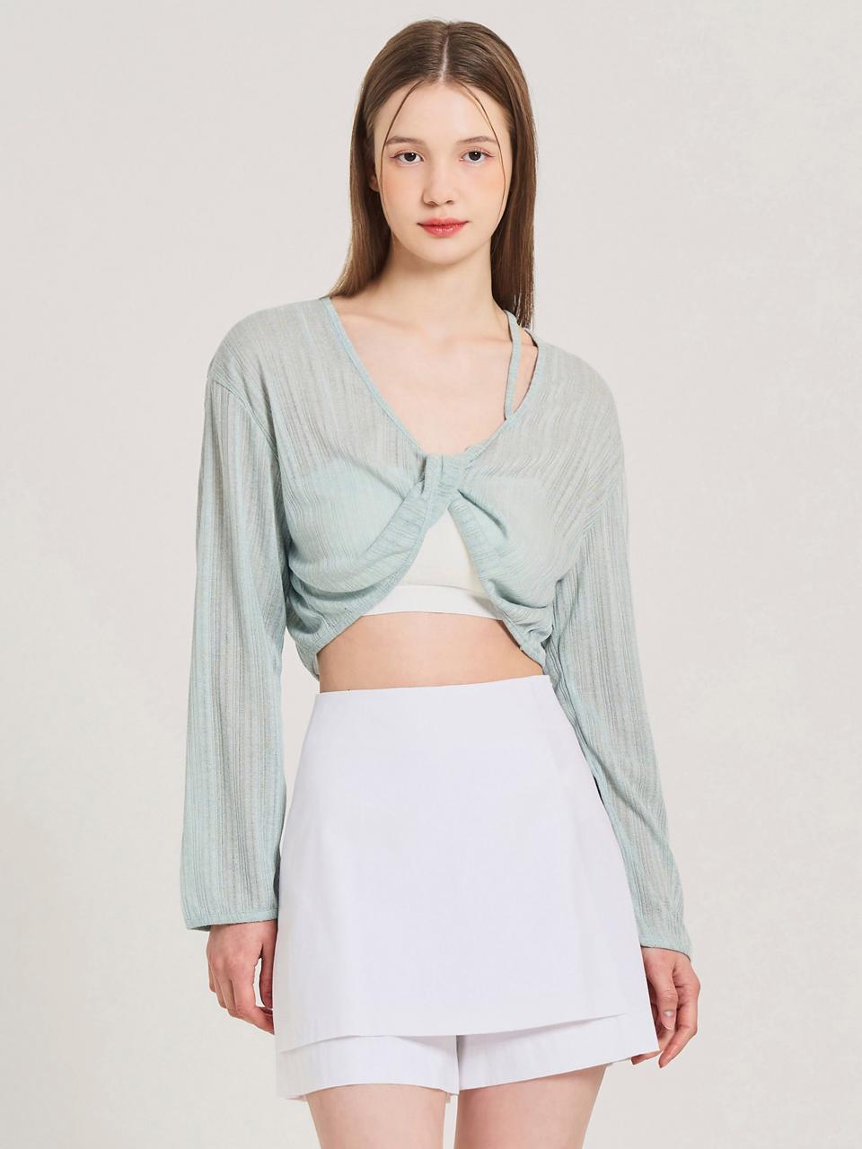 HYEYEONG KIM Back Interlaced Crop Sheer Top [GREEN]