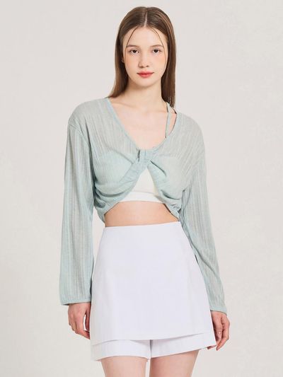 HYEYEONG KIM Back Interlaced Crop Sheer Top [GREEN]