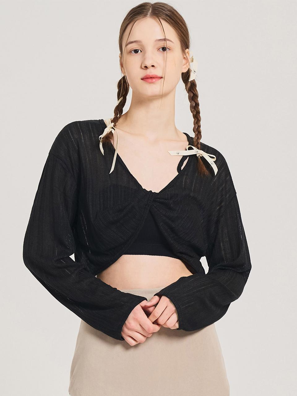HYEYEONG KIM Back Interlaced See-through Knit Top [Black]