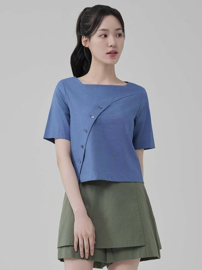 HYEYEONG KIM Button Semi-Crop Cotton-Linen Blouse [Blue]