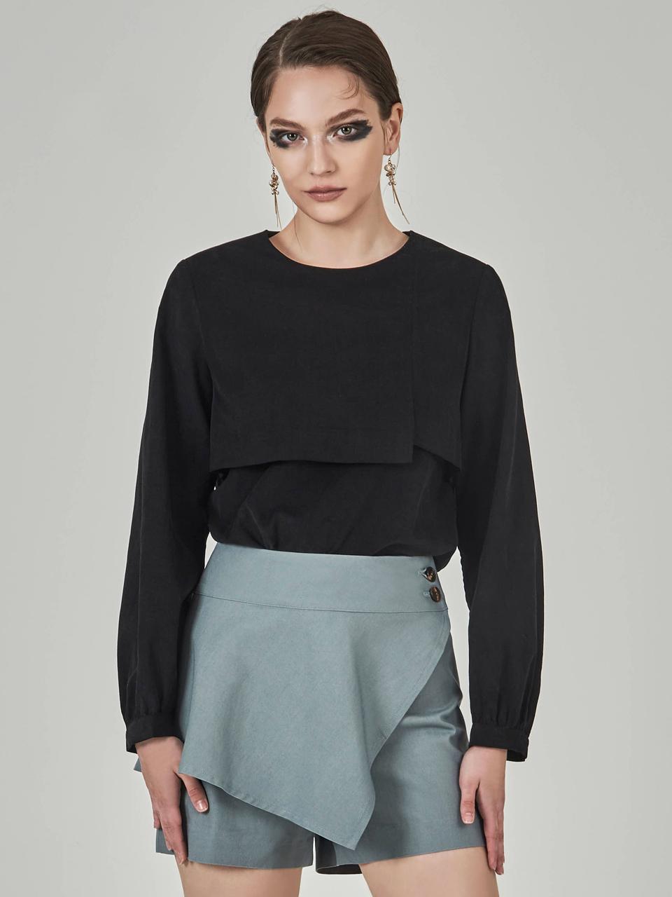 HYEYEONG KIM Corduroy Layered Asymmetrical Blouse [Black]