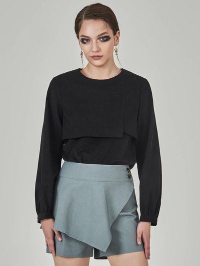 HYEYEONG KIM Corduroy Layered Asymmetrical Blouse [Black]