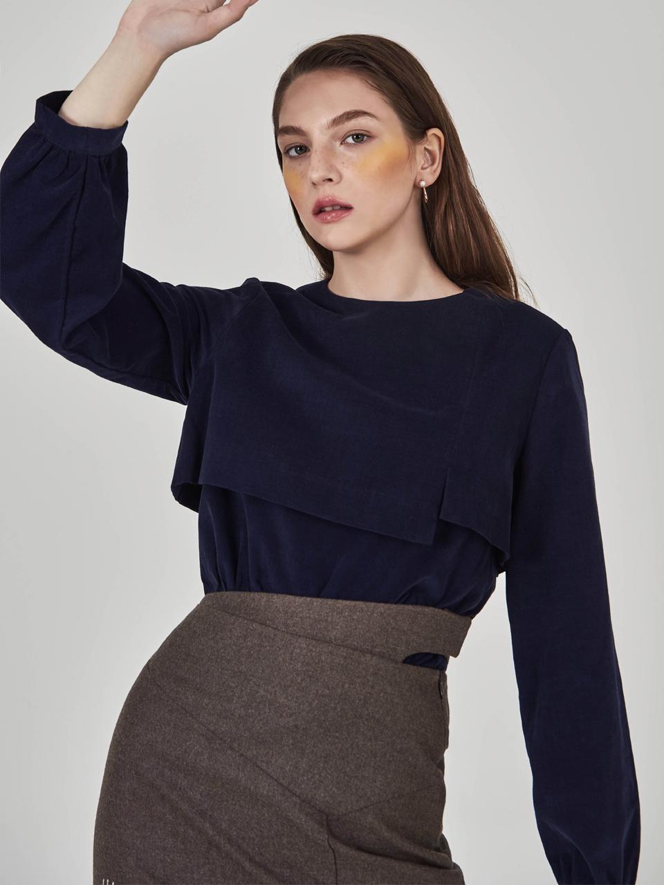 HYEYEONG KIM Corduroy Layered Asymmetrical Blouse [Navy]