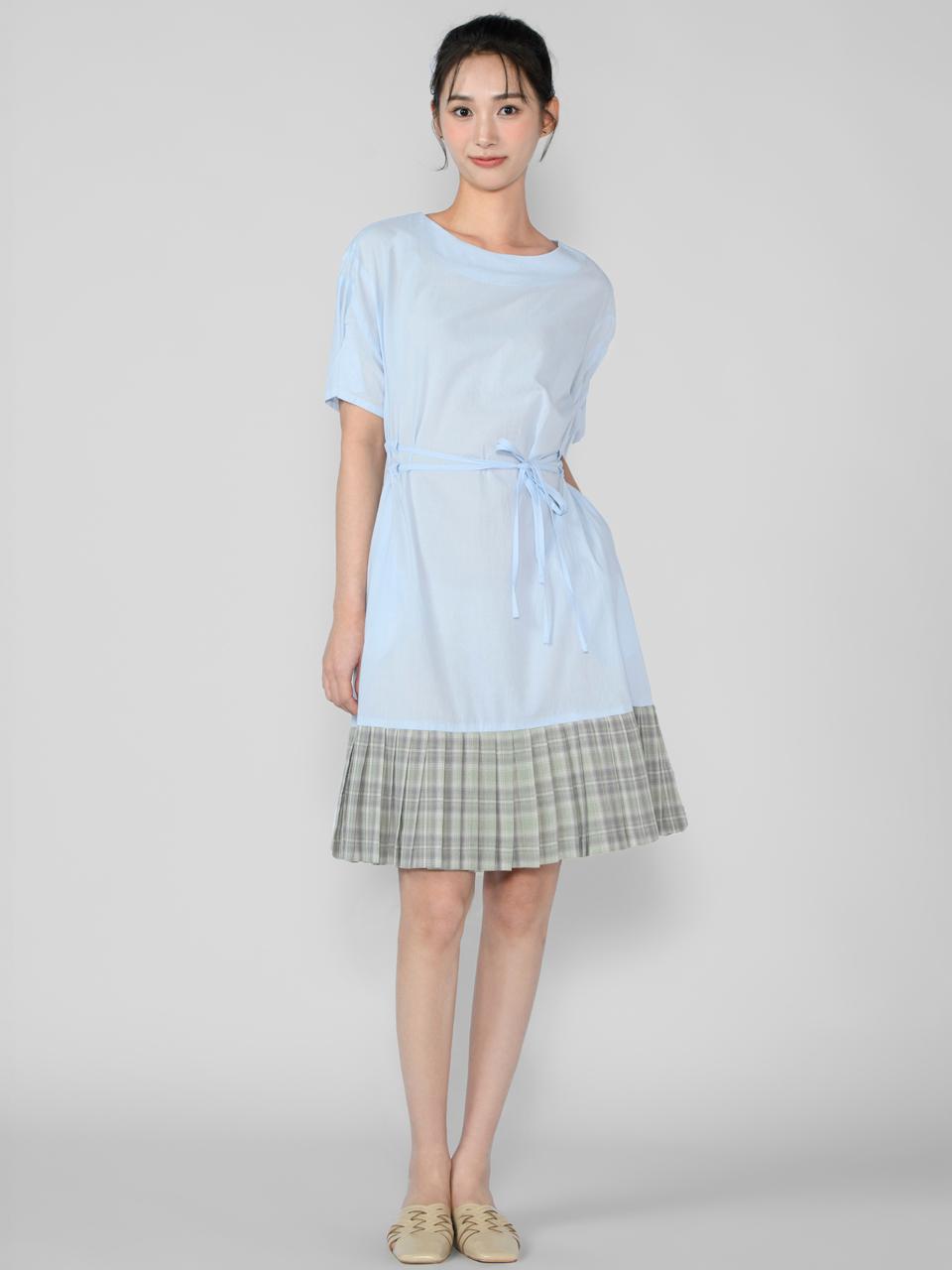 HYEYEONG KIM Cotton Check Tie Sides Midi Dress [Skyblue]