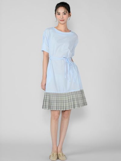 HYEYEONG KIM Cotton Check Tie Sides Midi Dress [Skyblue]