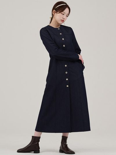 HYEYEONG KIM Fleece-Back Denim Maxi A-Line Dress Jacket [Dark Blue]