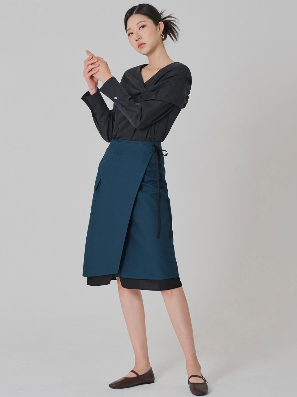 HYEYEONG KIM Layered Wrap A-line Long Skirt [Navy]