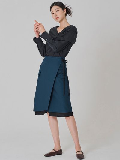 HYEYEONG KIM Layered Wrap A-line Long Skirt [Navy]