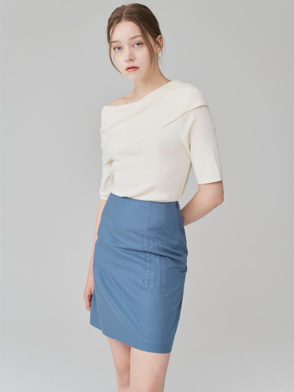 HYEYEONG KIM Pintuck H-Line Cotton-Tencel Midi Skirt [Navy]