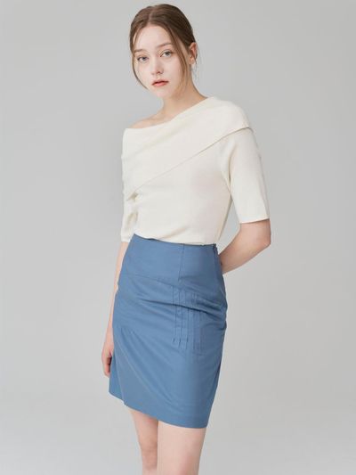 HYEYEONG KIM Pintuck H-Line Cotton-Tencel Midi Skirt [Navy]