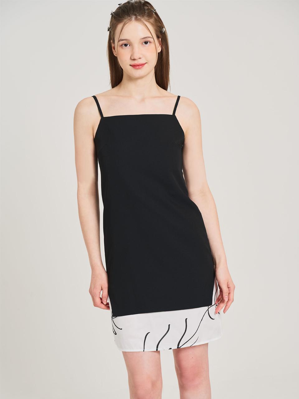 HYEYEONG KIM Satin Tunic Sleeveless Square Neck Dress [Black]