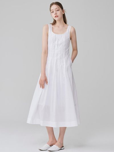 HYEYEONG KIM Smocking Sleeveless A-line Maxi Dress [Beige]