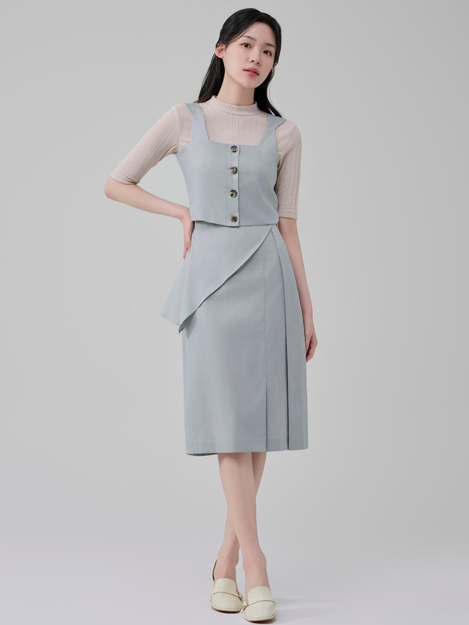 HYEYEONG KIM Tencel Cotton Peplum Pin-tuck Skirt [Blue Green]