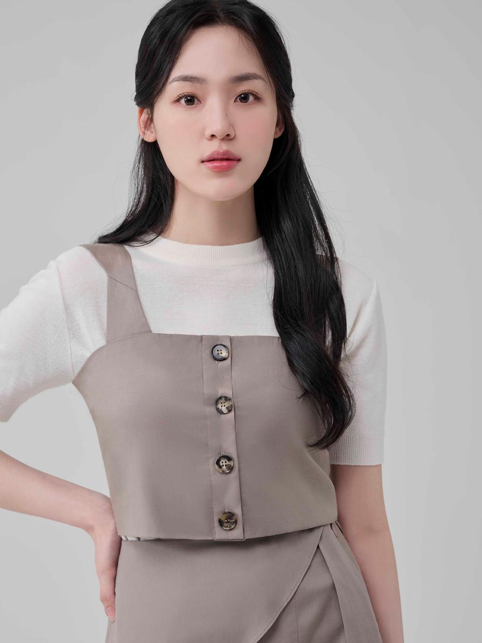 HYEYEONG KIM Tencel Cotton Unbalanced Shoulder Vest [Taupe]