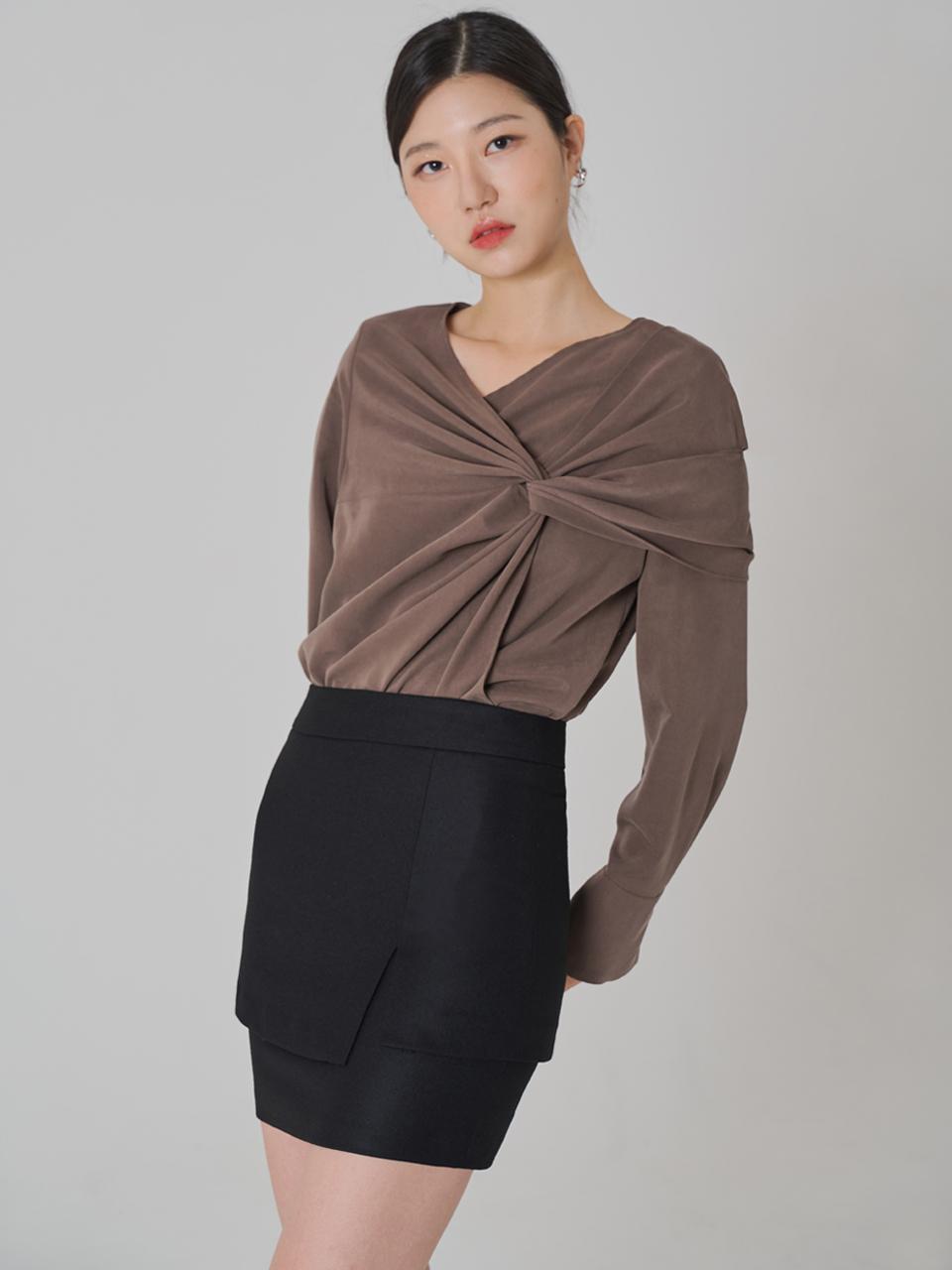 HYEYEONG KIM Tencel Interlaced Asymmetrical Long Sleeved Blouse [Brown]