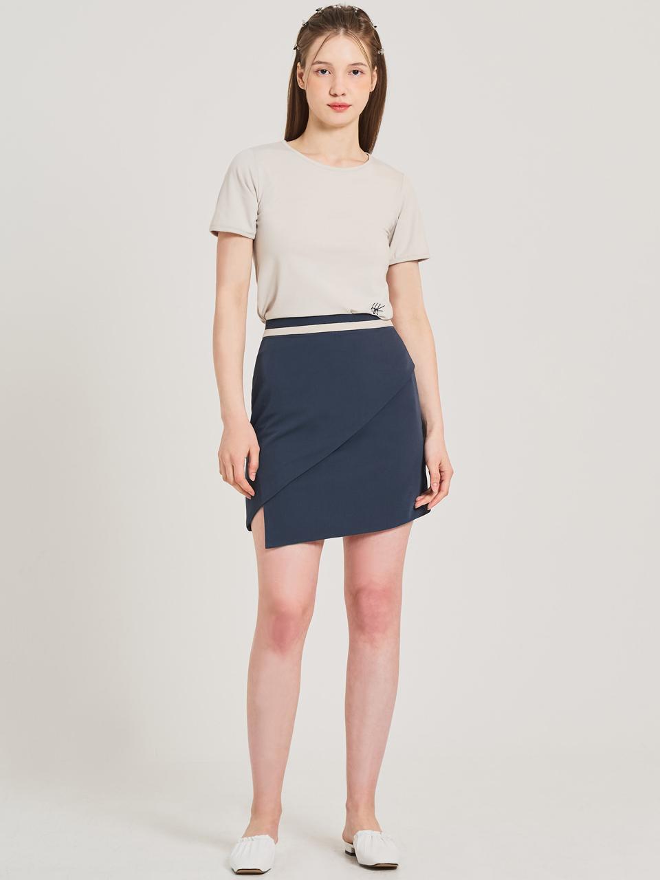 HYEYEONG KIM Wavy Wrap Midi Stretch Skirt [Navy]