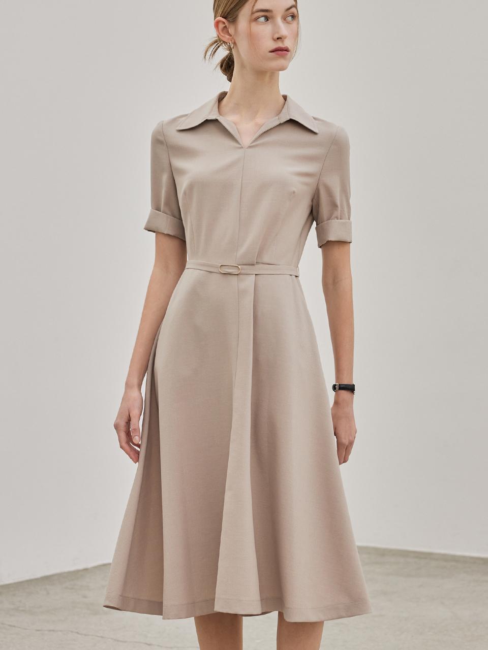 hyyk Belted Collar Flare Dress - Beige