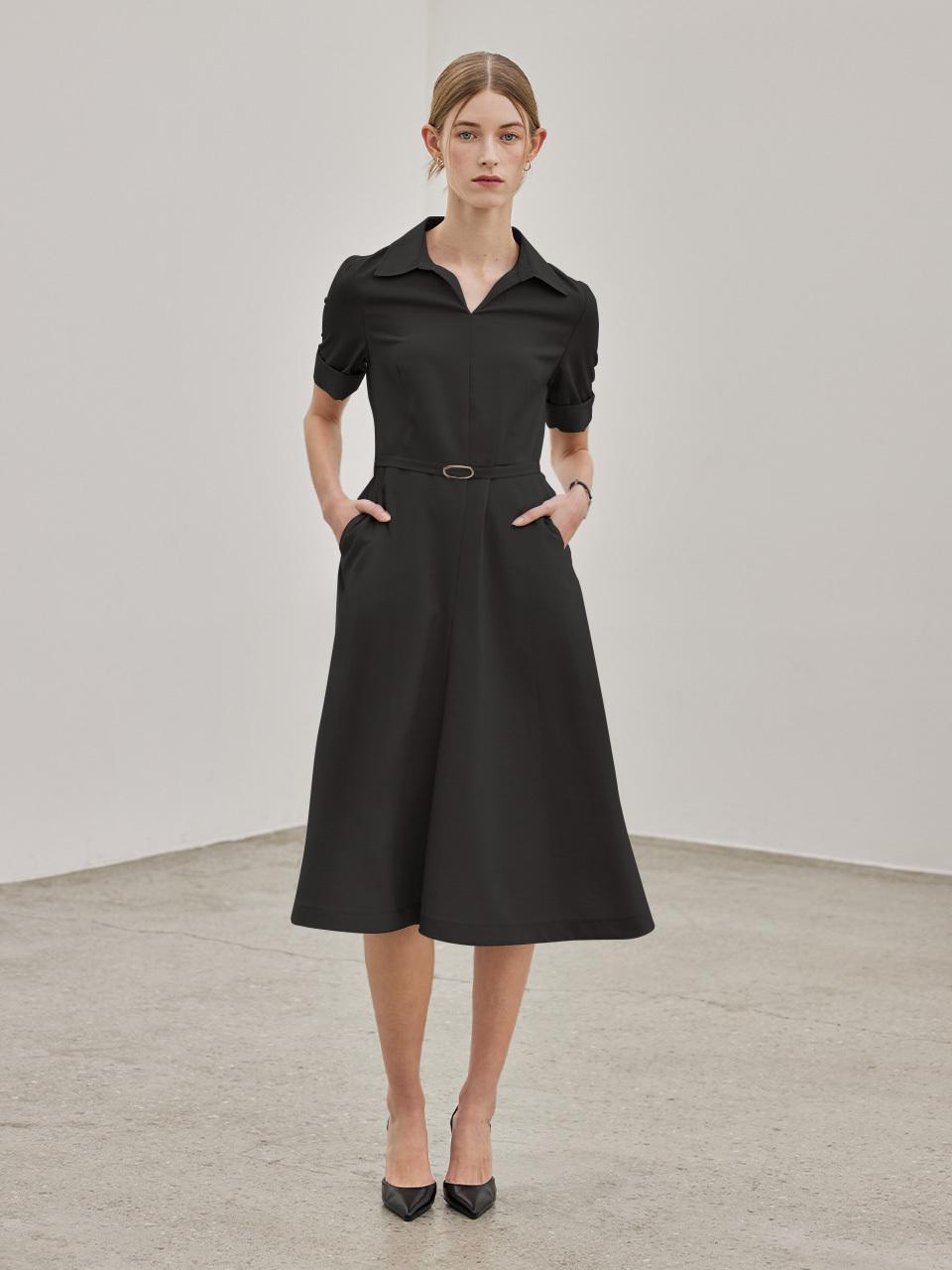 hyyk Belted Collar Flare Dress - Black