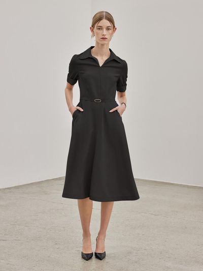 hyyk Belted Collar Flare Dress - Black