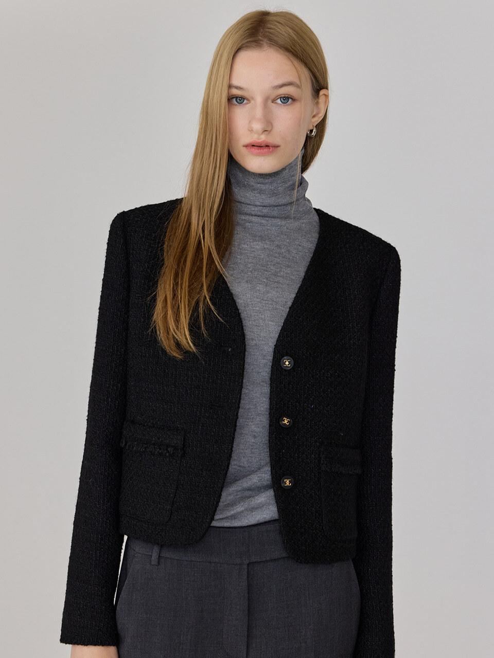 hyyk V neck Tweed Jacket_Black