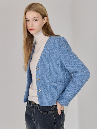 hyyk V neck Tweed Jacket_Melange Blue