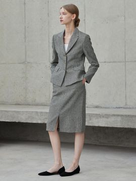 hyyk Wool Plaid Slit Skirt - Black and White