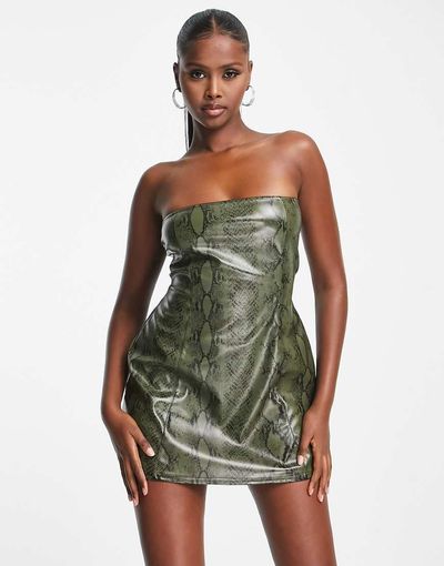 I Saw It First I Saw It First leather look bandeau mini dress in khaki snake-Multi