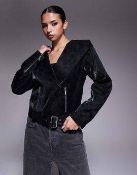 I.AM.GIA I.AM.GIA Andromeda leather look oversized hood detail moto jacket in high shine black